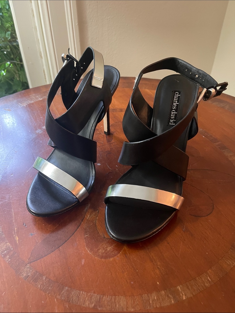 Charles David Black Sandal with Silver Straps - Women's Heeled Sandal